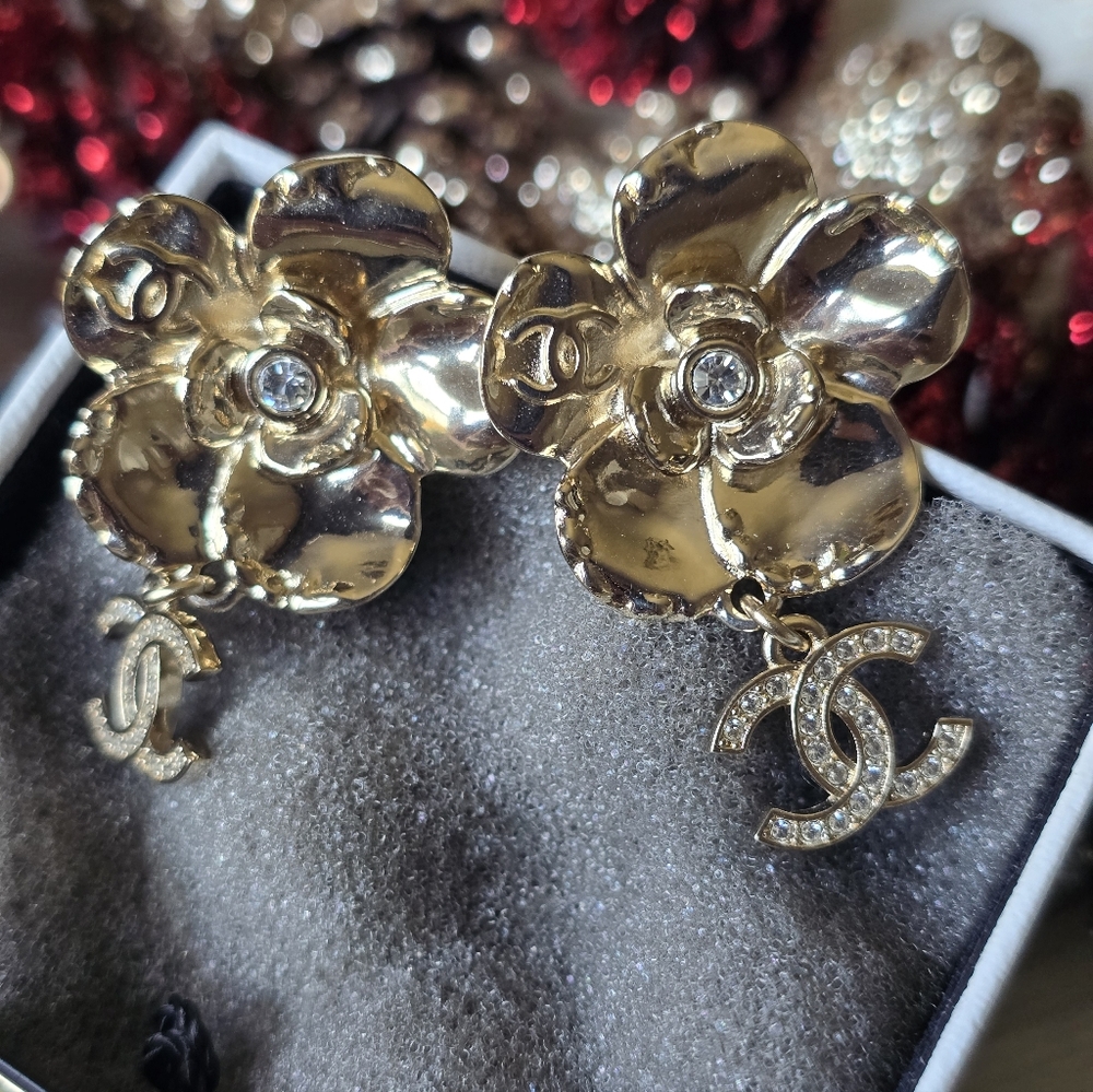 Authentic Chanel Camellia Earrings With CC Dangling